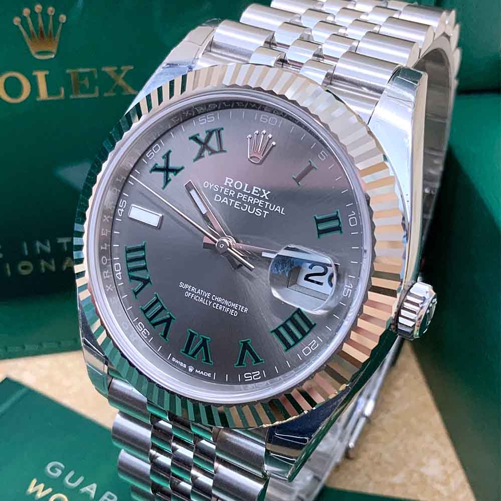 Rolex Datejust 41 Replica – Quadrante Grigio, Numeri Romani Verdi, Lunetta Zigrinata, Jubile