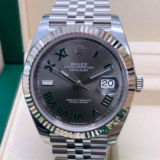 Rolex Datejust 41 Replica – Quadrante Grigio, Numeri Romani Verdi, Lunetta Zigrinata, Jubile