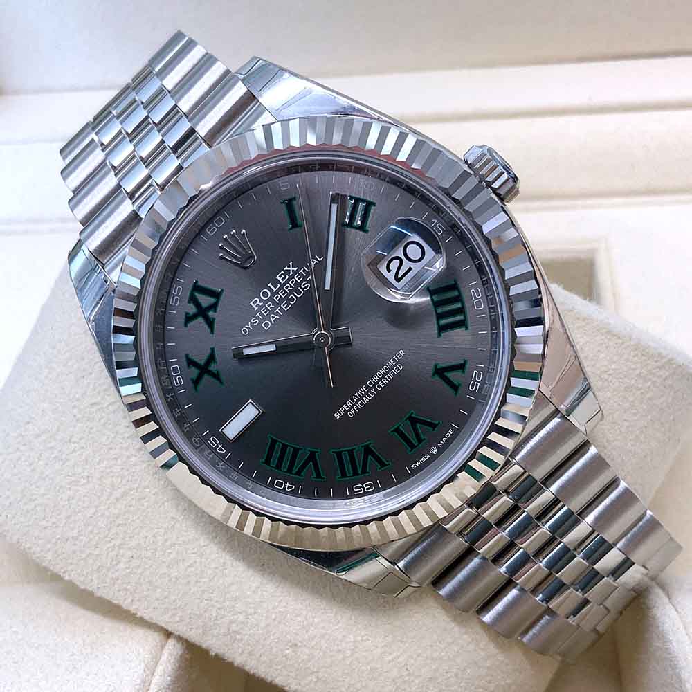 Rolex Datejust 41 Replica – Quadrante Grigio, Numeri Romani Verdi, Lunetta Zigrinata, Jubile