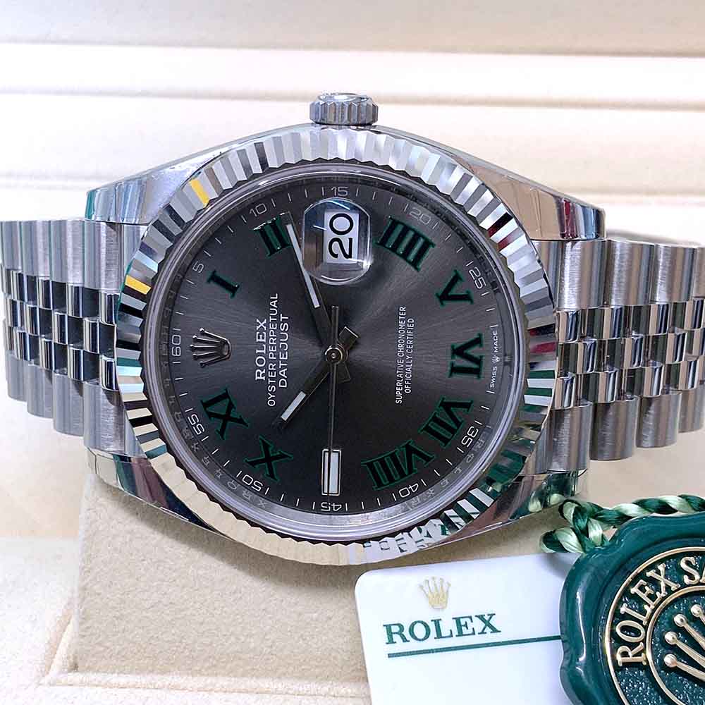 Rolex Datejust 41 Replica – Quadrante Grigio, Numeri Romani Verdi, Lunetta Zigrinata, Jubile