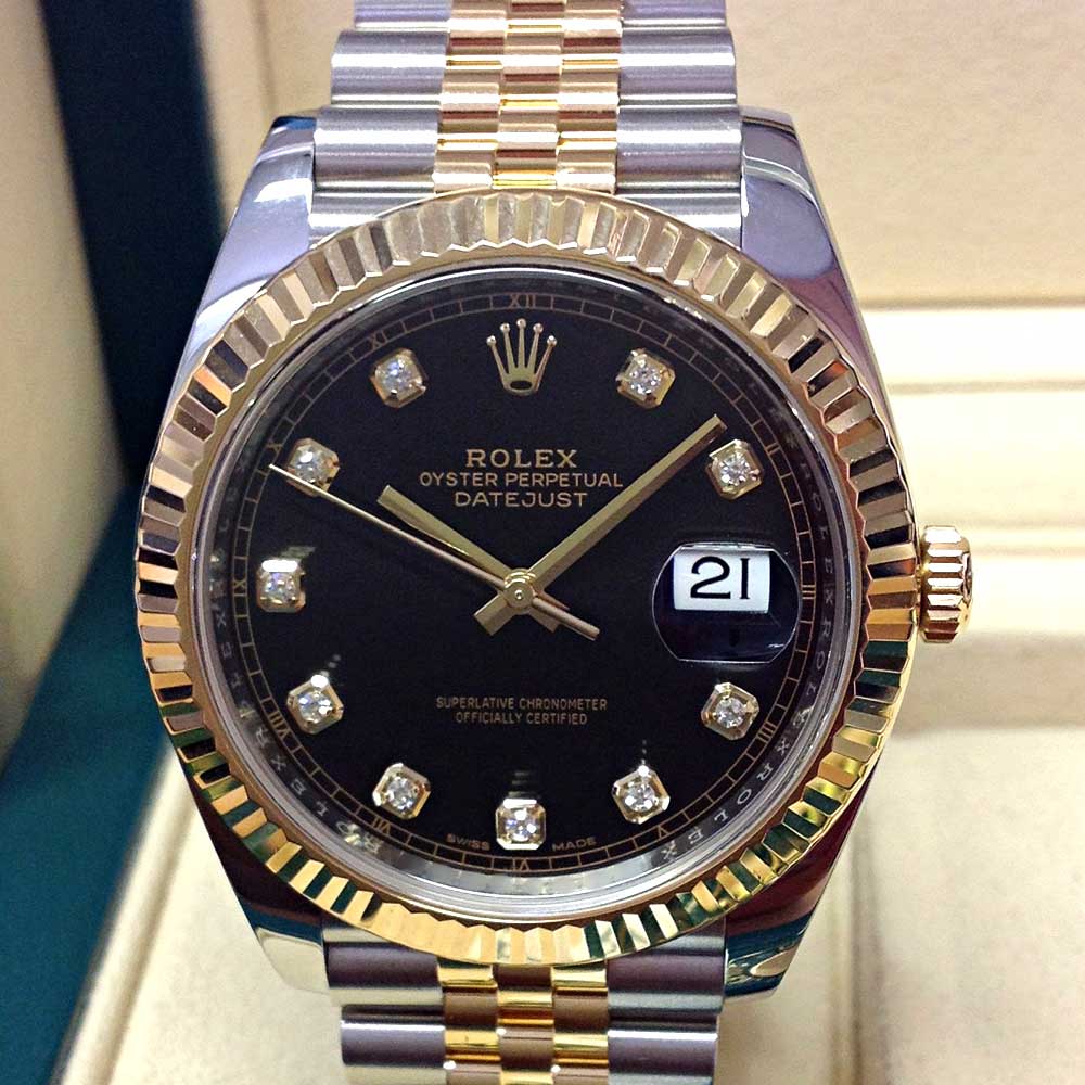 Rolex Datejust 41 Replica – Quadrante Nero con Diamanti, Lunetta Zigrinata, Jubilee Bicolore