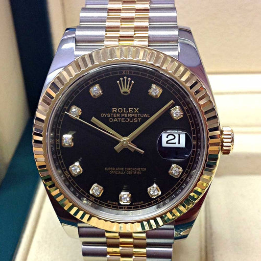 Rolex Datejust 41 Replica – Quadrante Nero con Diamanti, Lunetta Zigrinata, Jubilee Bicolore