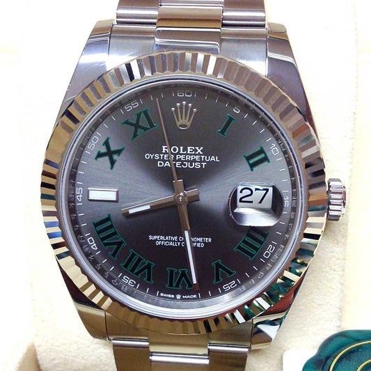 Rolex Datejust 41 Replica – Quadrante Grigio, Numeri Romani Verdi, Lunetta Zigrinata
