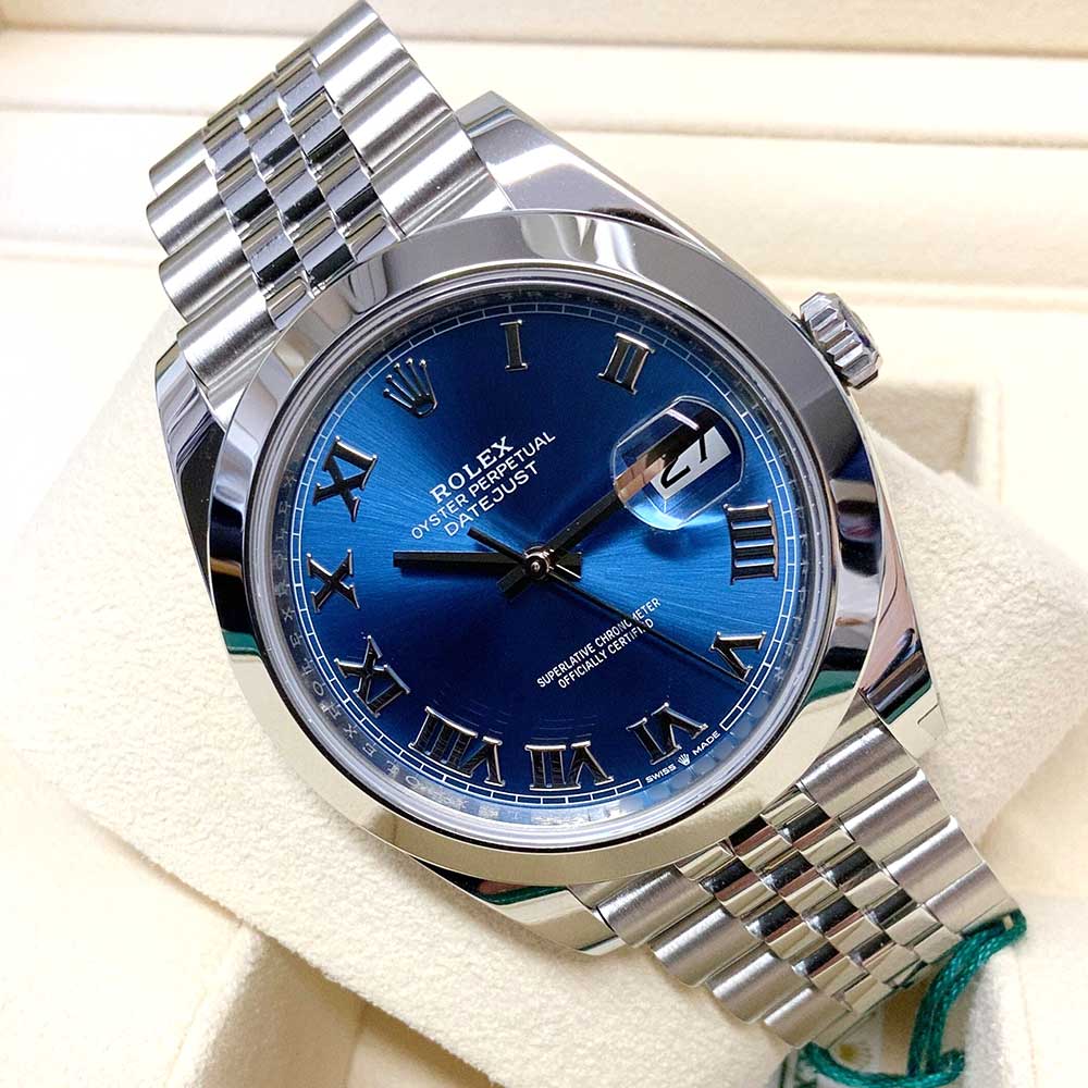 Rolex Datejust 41 Replica – Acciaio Quadrante Blu Indici Romani Lunetta Liscia