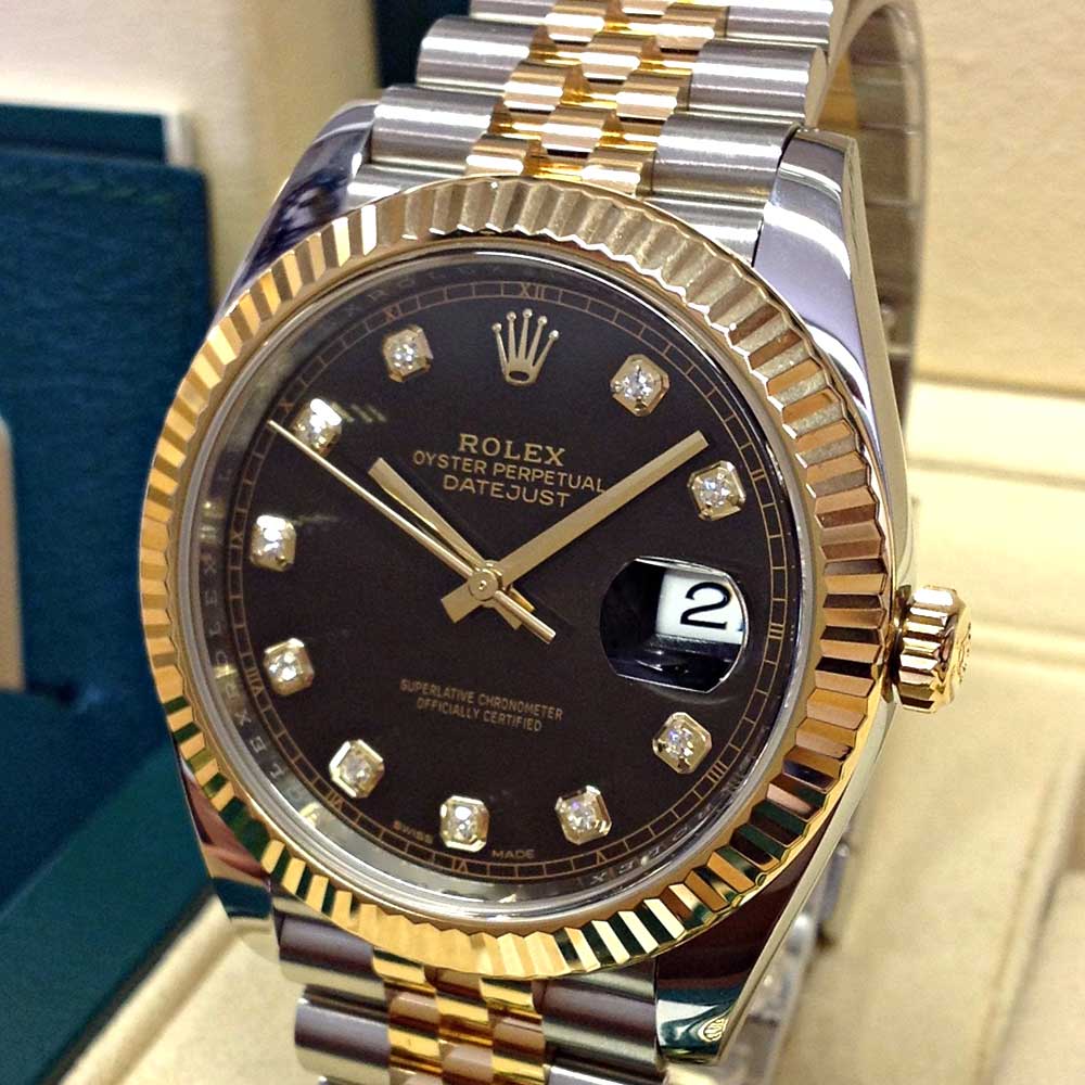 Rolex Datejust 41 Replica – Quadrante Nero con Diamanti, Lunetta Zigrinata, Jubilee Bicolore
