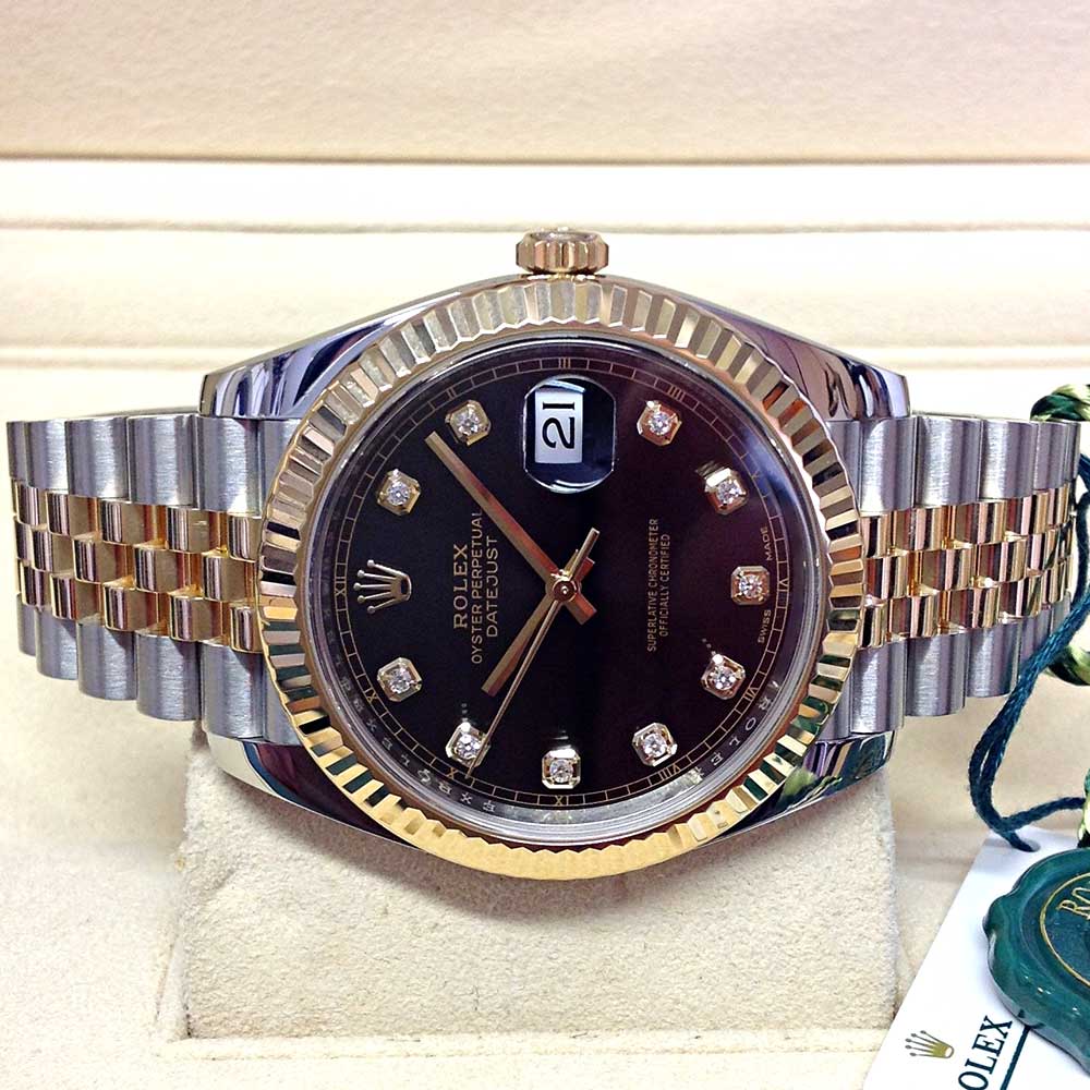 Rolex Datejust 41 Replica – Quadrante Nero con Diamanti, Lunetta Zigrinata, Jubilee Bicolore