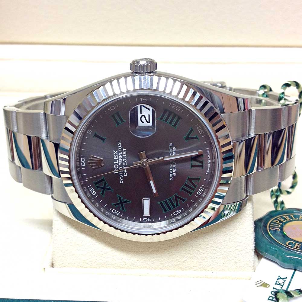 Rolex Datejust 41 Replica – Quadrante Grigio, Numeri Romani Verdi, Lunetta Zigrinata