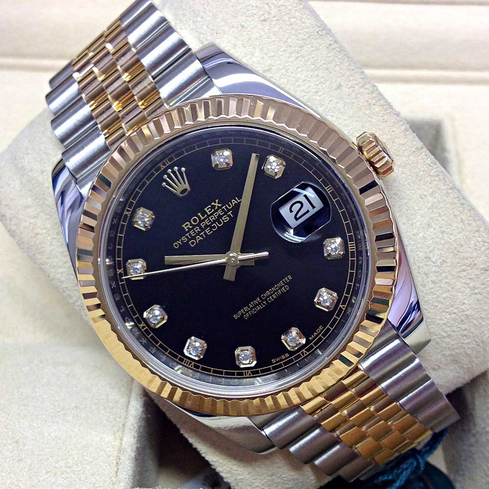 Rolex Datejust 41 Replica – Quadrante Nero con Diamanti, Lunetta Zigrinata, Jubilee Bicolore