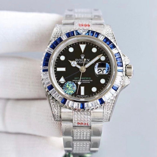 Rolex GMT-Master II Full Iced Baguette Blu & Clear – Quadrante Nero | Replica