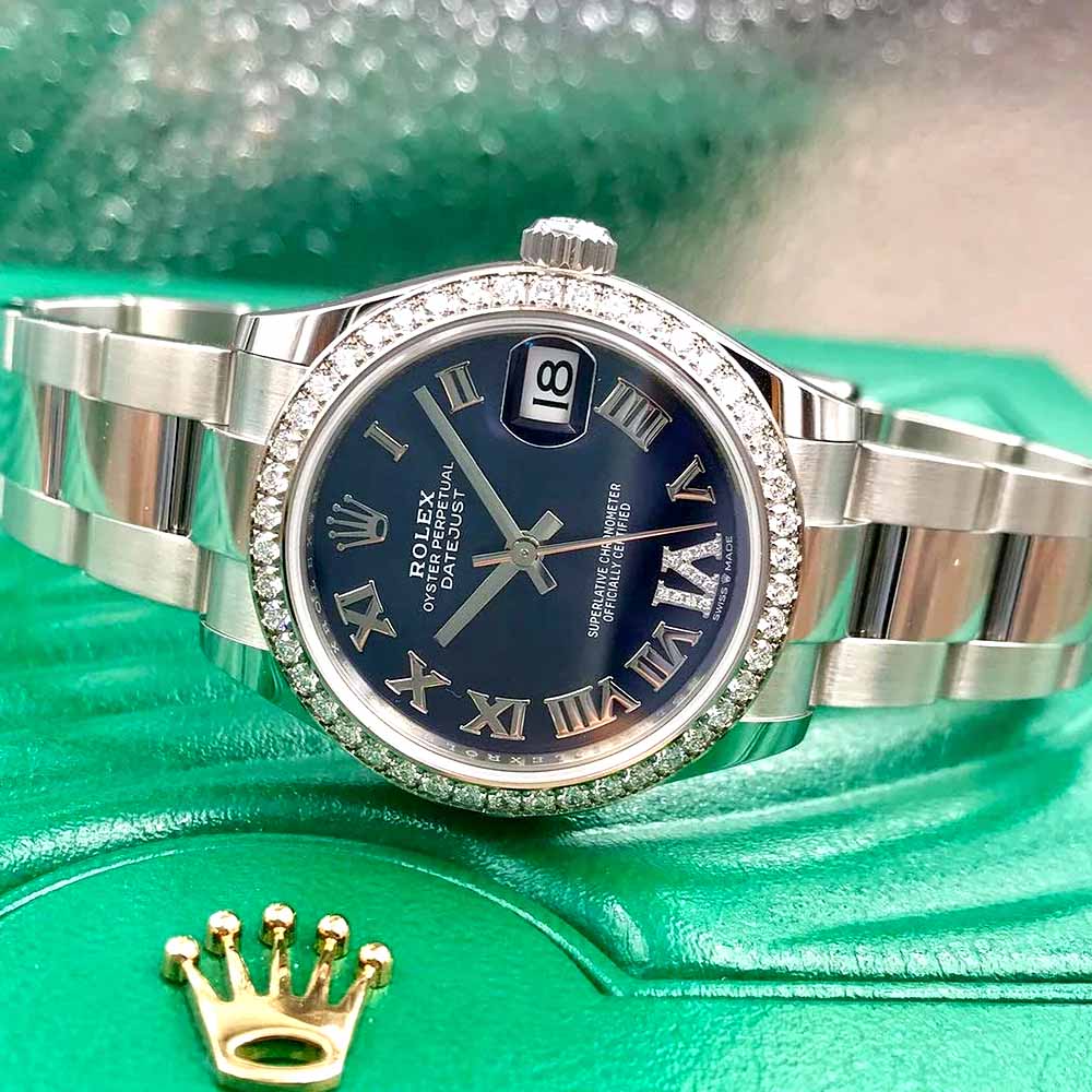 Rolex Datejust Blue Dial Roman Numerals Diamond Bezel – Replica