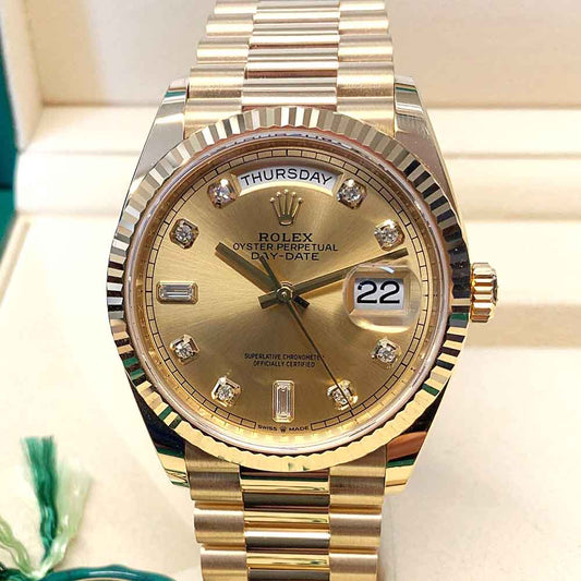 Rolex Day-Date 36 128238 Replica – Oro Giallo Quadrante Champagne con Diamanti